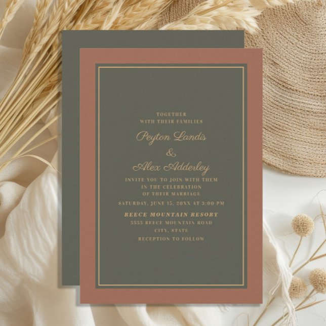 Elegant Snyggt Rust Moss Grönt Hösten Bröllop Inbjudningar (Terracotta/burnt orange and dark sage/olive green wedding invitation)