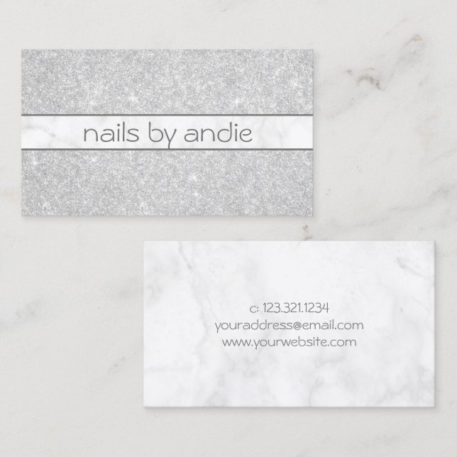 Elegant snyggt silver glitter, vit marmor nagel visitkort (Fram/baksida)