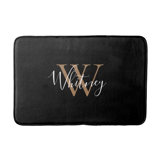 Elegant Snyggt Skript Namn Guld Black Monogram Badrumsmatta (Framsidan)