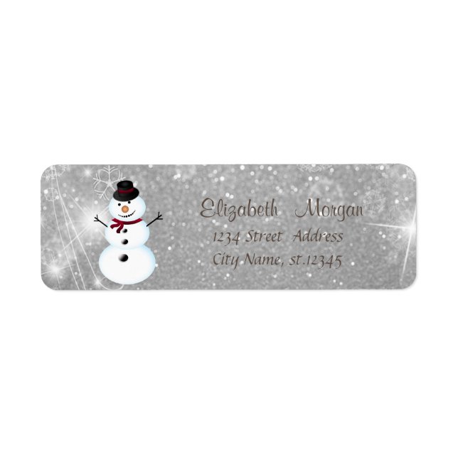 Elegant,Snyggt Snögubbe, Silver Glitter Returadress Etikett (Framsidan)