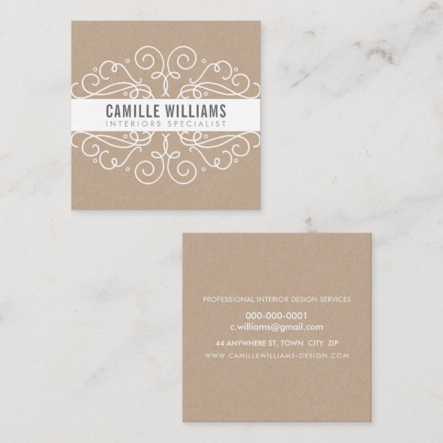 ELEGANT snyggt swirls art nouveau Eco Kraft White Fyrkantigt Visitkort (Fram/baksida)