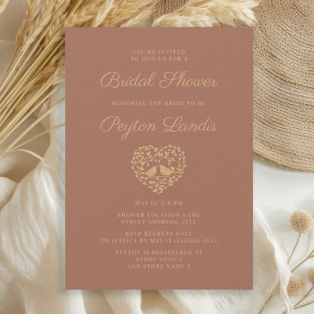 Elegant Snyggt Terracotta Rust Love birds Möhippa Inbjudningar (Terracotta/burnt orange Love Birds bridal shower invitation)