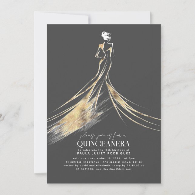 Elegant sofistikerad Guld och Grått QUINCEAÑERA Inbjudningar (Framsida)