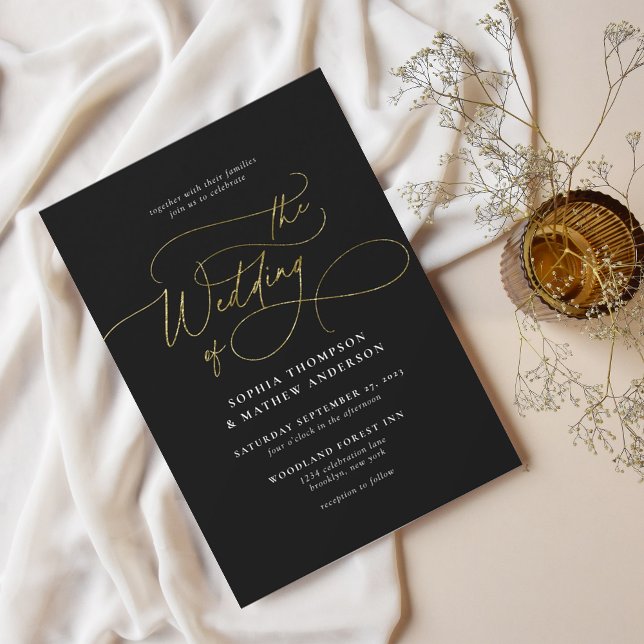 Elegant Sofistikskript Black Guld Bröllop Inbjudningar (Skapare uppladdad)