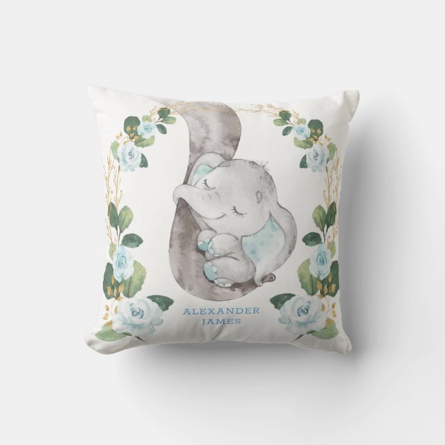 Elegant Soft Blue Ro Baby Elephant Boy Nursery Kudde (Framsida)