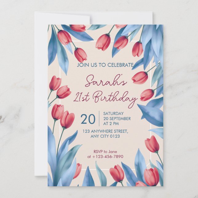 Elegant Soft Floral Tulip 21st Birthday Invitation Inbjudningar (Framsida)