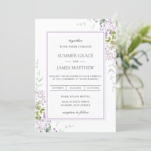 Elegant Soft Lilac Lila Blommigt Greenery Bröllop Inbjudningar