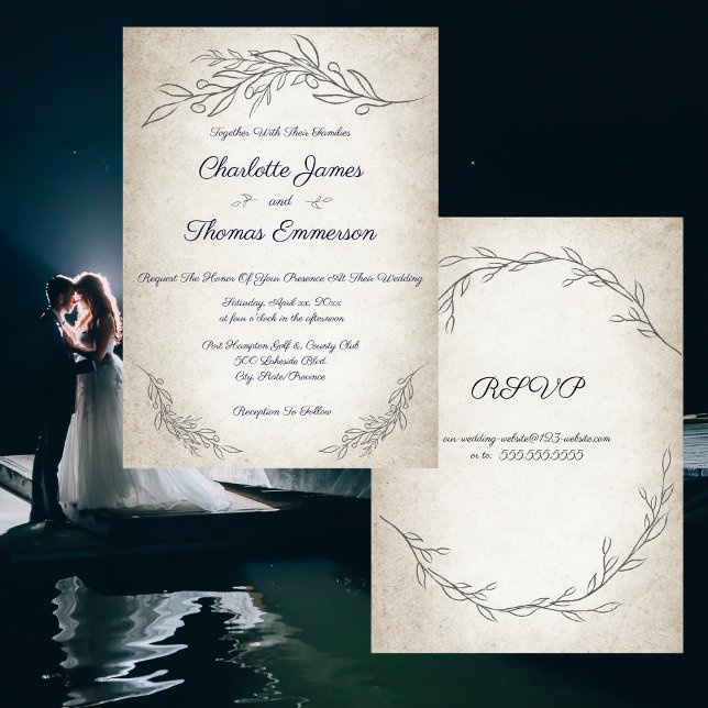 Elegant Soft Löv Script Bröllop med OSA Inbjudningar (Elegant Soft Leaves Script Wedding with RSVP Invitation)