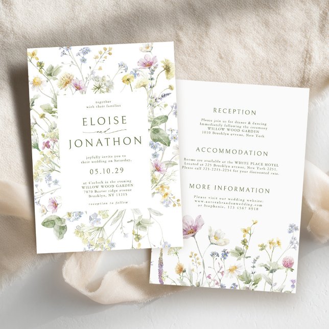 Elegant Soft Pastel Wildblomkuteriet Bröllop Inbjudningar (Elegant Soft Pastel Wildflower Botanical Wedding Invitation with details on back)
