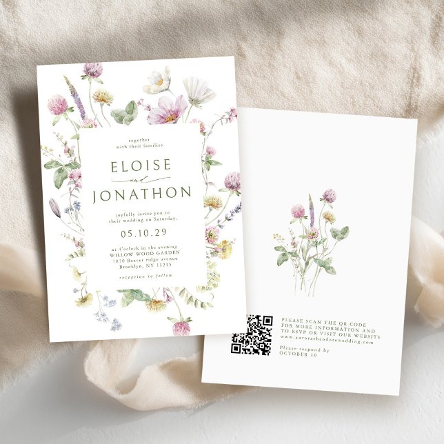 Elegant Soft Pastel Wildblomma QR-kod Bröllop Inbjudningar (Elegant Soft Pastel Wildflower QR code Wedding Invitation)