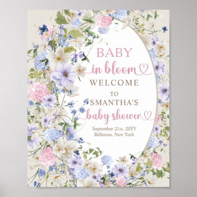 Elegant soft pastel wildblommor rosa blue Välkomme Poster (Framsidan)