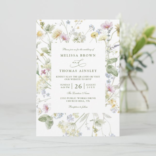 Elegant Soft Pastel Wildflower QR Code Wedding Inbjudningar (Stående Fram)