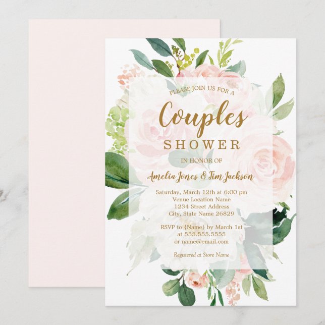 Elegant Soft Peach Bloom Bröllop Par Shower Inbjudningar (Fram/baksida)