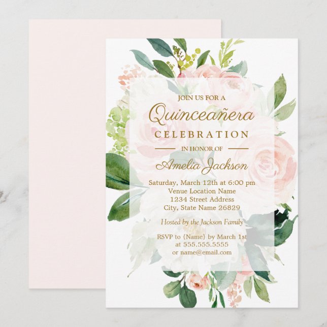 Elegant Soft Peach Bloom Quinceanera Birthday Inbjudningar (Fram/baksida)