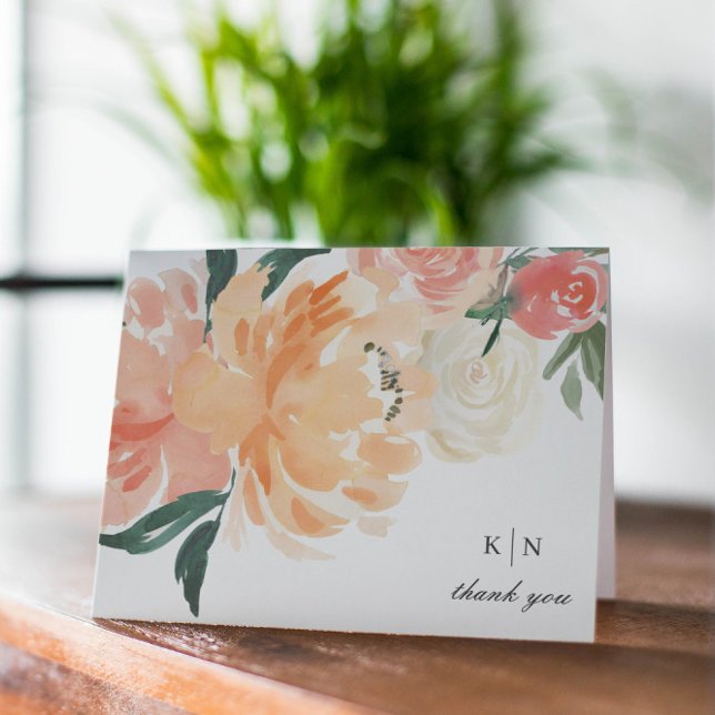 Elegant Soft Peach Floral Monogram Wedding Tack Kort (Skapare uppladdad)