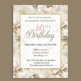 Elegant Soft Pink Ivory Peony 60th Birthday  Inbjudningar