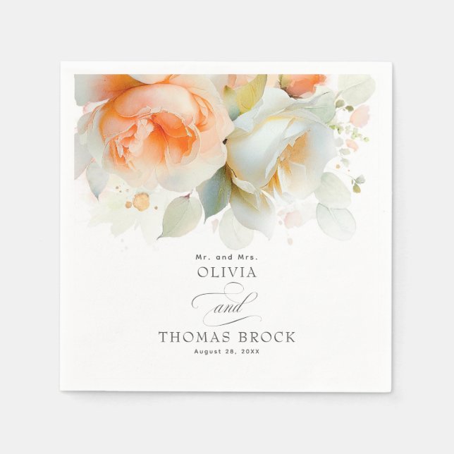 Elegant Soft Ro Flowers Botanical Bröllop Pappersservett (Framsidan)