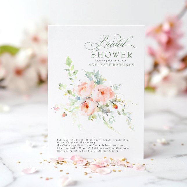 Elegant Soft Rosa Flowers Boho Möhippa Inbjudningar (Pink Flowers Bridal Shower Invitations)