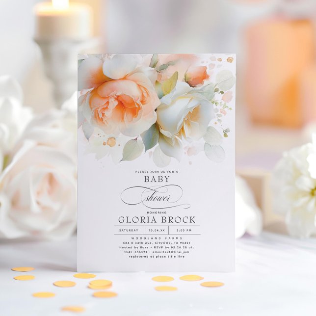Elegant Soft Terracotta Blommigt Boho Baby Shower Inbjudningar (Peach Terracotta and White Flowers Elegant Baby Shower Invitations)