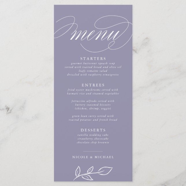Elegant Soft Violet Minimalist Löv Bröllop Menu Meny (Framsida)