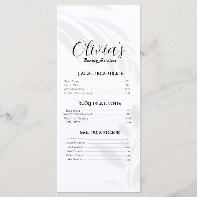 Elegant Soft White Beauty Services Pris List Meny (Framsida)