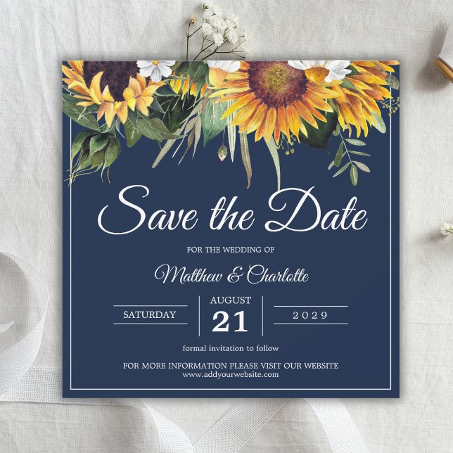 Elegant Solblommor Blå Blommigten Bröllop Spara Datumet (Elegant Sunflowers Navy Blue Floral Wedding Save The Date
)