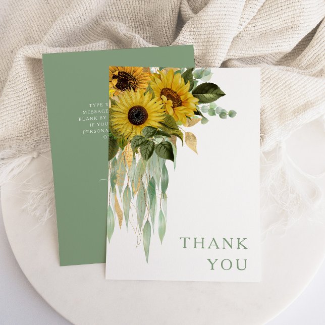 Elegant Solblommor Bröllop Tack Kort (Floral Sunflower Eucalyptus Sage Green Wedding Thank You Card)