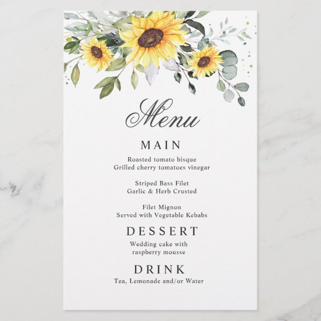 Elegant Solblommor Eucalyptus Bröllop Dinner Menu (Framsida)