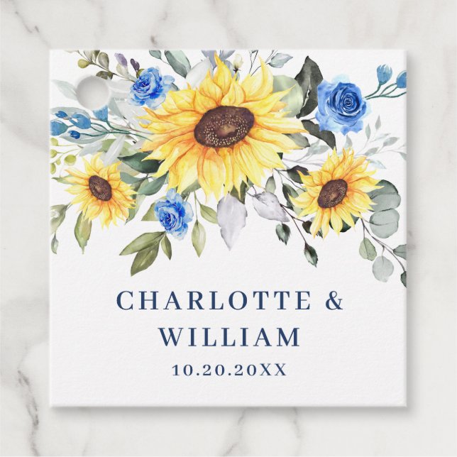 Elegant Solblommor Eucalyptus Greenery Bröllop Fav Gåvor Etiketter (Framsida)