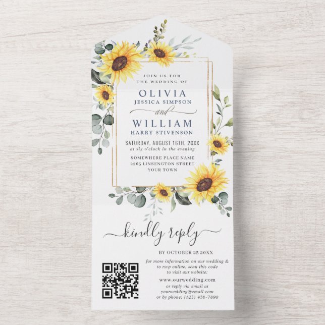 Elegant Solblommor Eucalyptus Greenery Bröllop QR (Insida)