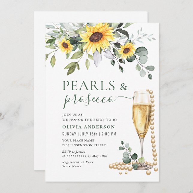 Elegant Solblommor Eucalyptus PEARLS & Prosecco Inbjudningar (Fram/baksida)