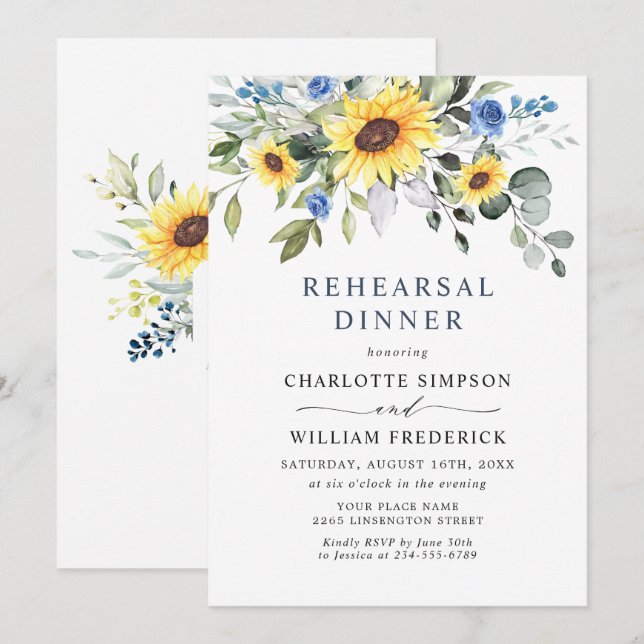 Elegant Solblommor Eucalyptus REHEARSAL DINNER Inbjudningar (Fram/baksida)