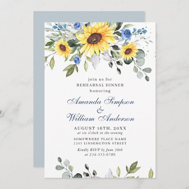 Elegant Solblommor Eucalyptus REHEARSAL DINNER Inbjudningar (Fram/baksida)
