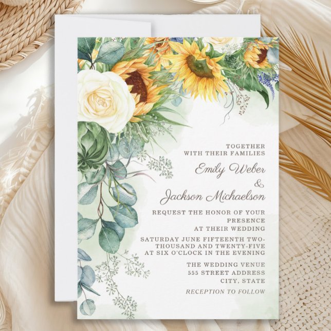 Elegant Solblommor Eucalyptus Vit ros Bröllop Inbjudningar (Elegant country-style sunflowers and eucalyptus wedding invitation)