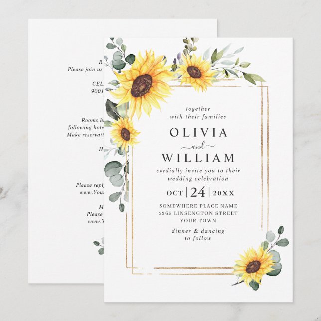 Elegant Solblommor eukalyptus Bröllop alla i ett Inbjudningar (Fram/baksida)