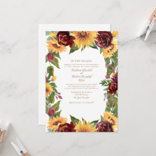 Elegant Solblommor och Burgundy Blommigt Bröllop Inbjudningar