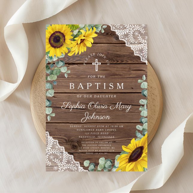 Elegant Solblommor Snöre Wood Kor Baptism Inbjudningar (Front Elegant Sunflowers Lace Wood Cross Baptism Invitation)