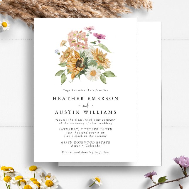 Elegant solbröllop inbjudningar (Chic Watercolor Sunflower Wildflower Floral Wedding Invitation by Painted Paperie
)