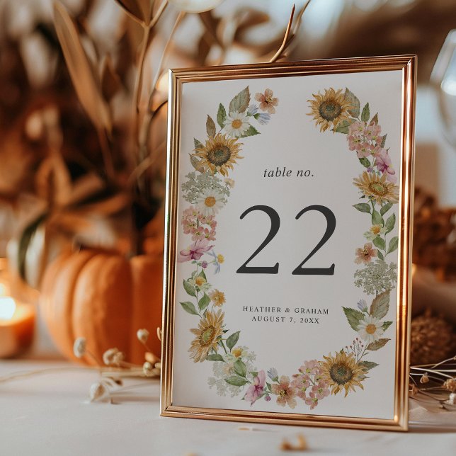 Elegant solfjäderbordskort (Elegant Watercolor Sunflower Wildflower Decor Table Number by Painted Paperie
)