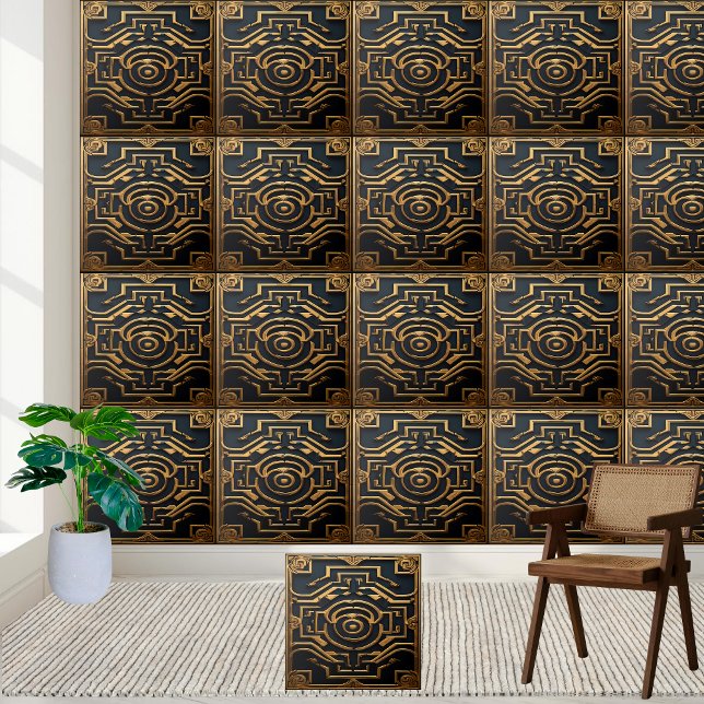 Elegant Solid Black Guld grekisk dekorativ Kakelplatta (Elegant Solid Black Gold Greek Decorative Ceramic Tile)
