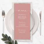 Elegant Solid Färg Dusty Ro Rosa Bröllop Meny<br><div class="desc">Elegant Solid Färg Dusty Ro Rosa Bröllop Menu. Det här moderna menykortet för chic är enkelt klassiskt och elegant med en vanlig bakgrund i färg och ett söt namnteckning skriptcalligrafteckensnitt med svan. Visas i den nya Colorway. Med ett söt monogram på baksidan. Finns i flera alternativ för färg eller kan...</div>