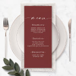 Elegant Solid Färg Mörk Vin Cinnamon Red Bröllop Meny<br><div class="desc">Elegant Solid Färg Mörk Vin Cinnamon Red Bröllop Menu. Det här moderna menykortet för chic är enkelt klassiskt och elegant med en vanlig bakgrund i färg och ett söt namnteckning skriptcalligrafteckensnitt med svan. Visas i den nya Colorway. Med ett söt monogram på baksidan. Finns i flera alternativ för färg eller...</div>