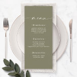 Elegant Solid Färg Olive Lily Grönt Bröllop Meny<br><div class="desc">Elegant Solid Färg Olive Lily Grönt Bröllop Menu. Det här moderna menykortet för chic är enkelt klassiskt och elegant med en vanlig bakgrund i färg och ett söt namnteckning skriptcalligrafteckensnitt med svan. Visas i den nya Colorway. Med ett söt monogram på baksidan. Finns i flera alternativ för färg eller kan...</div>