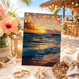 Elegant solnedgång strand slingljus sommarbröllop inbjudningar