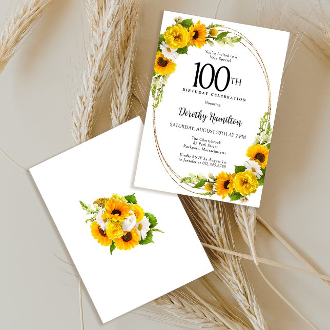 Elegant Solros 100:e Födelsedagsfesten Inbjudningar (Sunflowers and daisies make a cheerful 100th birthday invitation!)