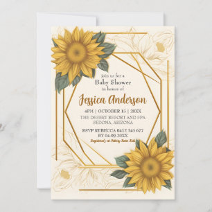 Elegant solros baby shower ritning guld ram inbjudningar