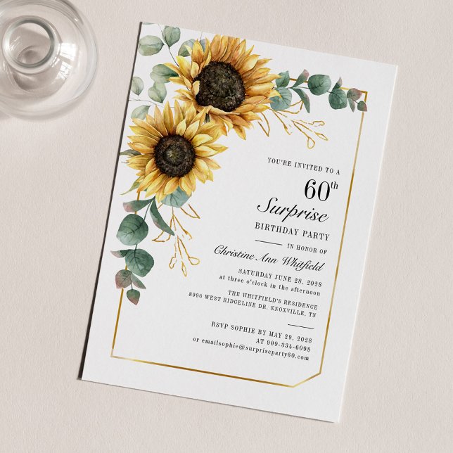 Elegant Solros Blommigt 60:e Födelsedagsfesten (Sunflower Eucalyptus 60th Birthday Party Invitation)