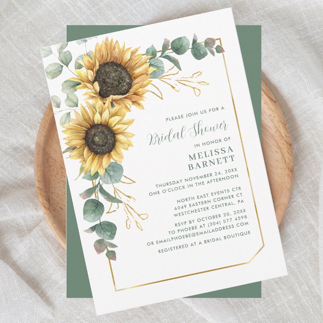 Elegant Solros Blommigt Möhippa Inbjudningar (Sunflower Floral Eucalyptus Greenery Script Bridal Shower Invitation)
