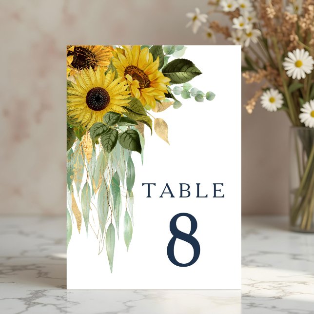 Elegant Solros Bröllop, blå Blommigt Bordsnummer (Elegant Navy Blue Floral Sunflower Wedding Table Number)