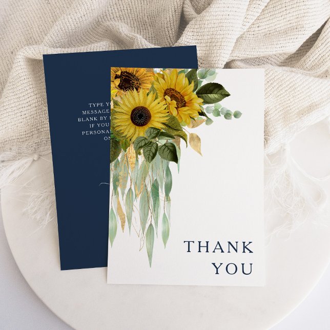Elegant Solros Bröllop, blå Blommigt Tack Kort (Elegant Navy Blue Floral Sunflower Wedding Thank You Card)
